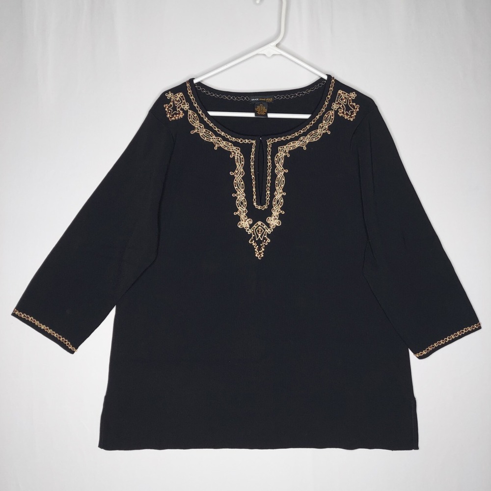 Grace Dane Lewis Top Women 3X Black Ribbed Beaded‎ Embroidered Keyhole